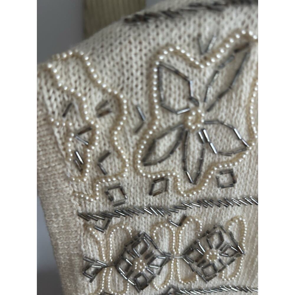 Vtg Cream Sweater Vest Beads Embroidered Flowers Grandma M/L - Picture 6 of 11